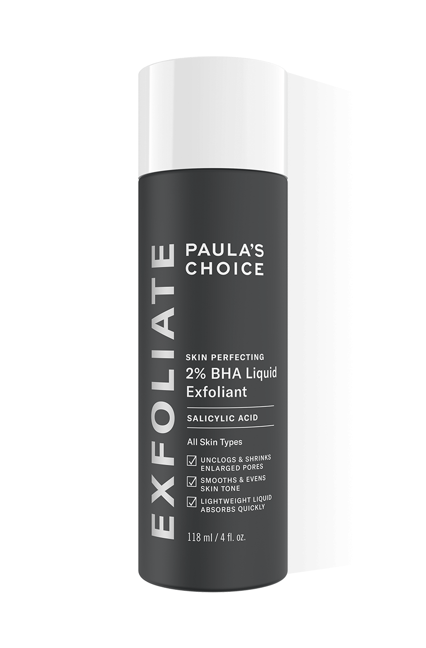 Paula’s Choice 2% BHA Liquid Exfoliant in een zwarte fles van 118 ml. Ideaal voor het verminderen van zichtbare poriën en puistjes.