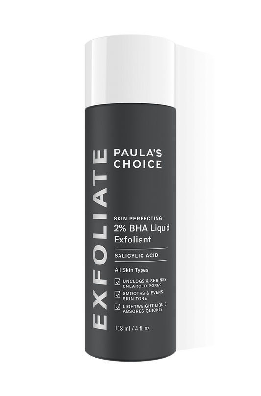 Paula’s Choice 2% BHA Liquid Exfoliant in een zwarte fles van 118 ml. Ideaal voor het verminderen van zichtbare poriën en puistjes.