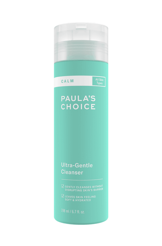 Paula’s Choice Calm Ultra Gentle Cleanser in een turquoise fles van 198 ml, geschikt voor alle huidtypes, ideaal voor gevoelige huid.