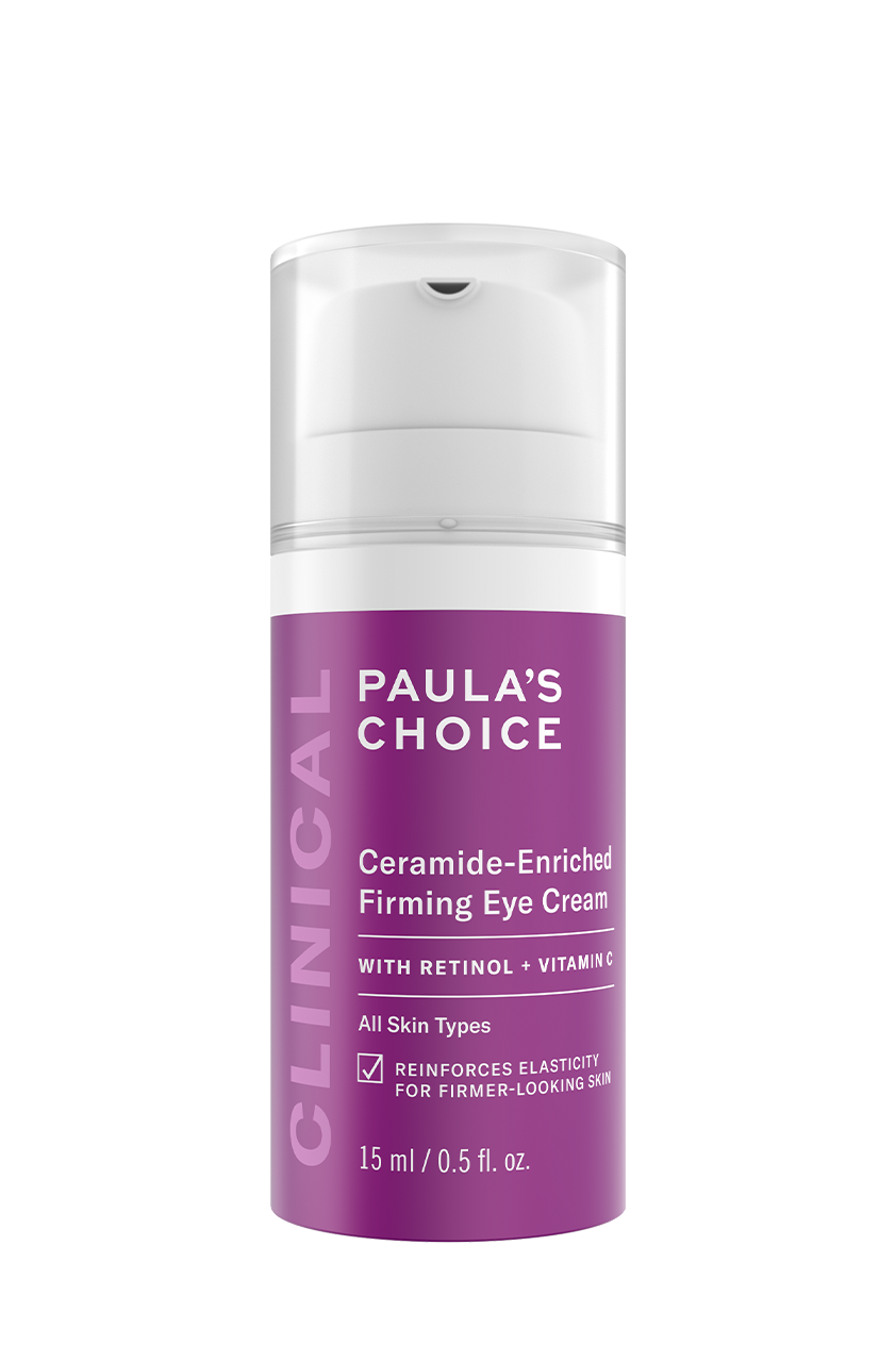 Paula’s Choice Clinical Ceramide Enriched oogcrème in een paarse fles van 15 ml, met retinol en vitamine C voor versteviging en hydratatie.