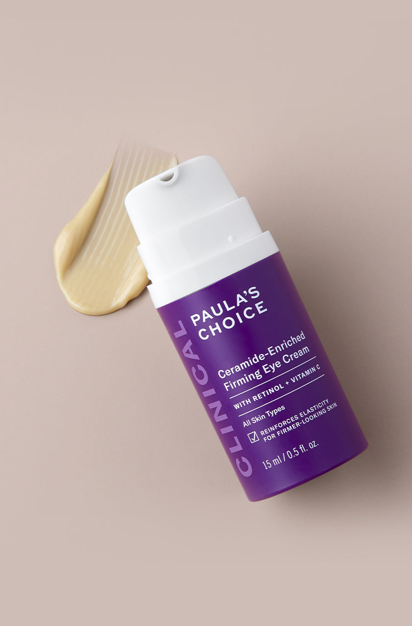 Paula’s Choice Clinical Ceramide Enriched oogcrème in een paarse fles van 15 ml, met retinol en vitamine C voor versteviging en hydratatie.